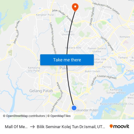 Mall Of Medini to Bilik Seminar Kolej Tun Dr.Ismail, UTM Johor map