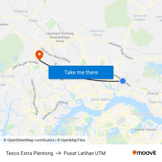 Tesco Extra Plentong to Pusat Latihan UTM map