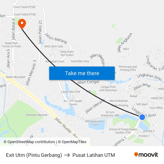 Exit Utm (Pintu Gerbang) to Pusat Latihan UTM map