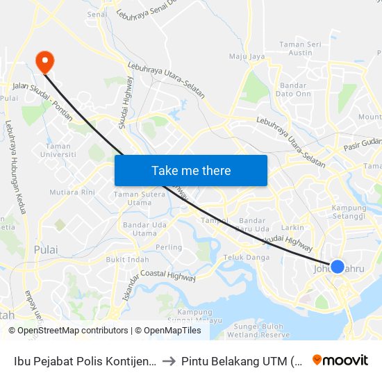 Ibu Pejabat Polis Kontijen Johor to Pintu Belakang UTM (KDOJ) map
