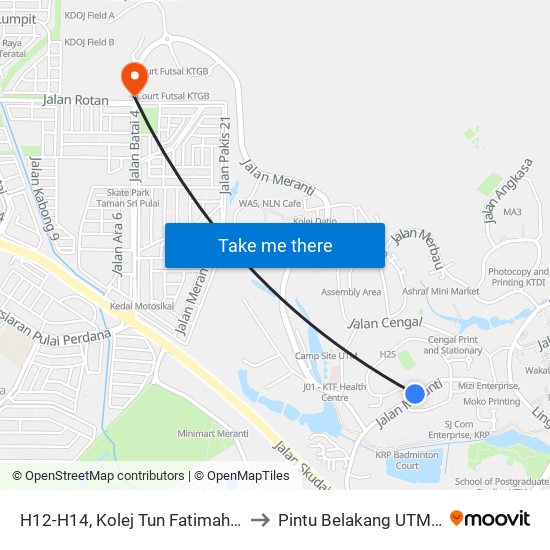 H12-H14, Kolej Tun Fatimah (Ktf), Utm to Pintu Belakang UTM (KDOJ) map