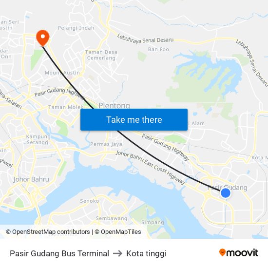 Pasir Gudang Bus Terminal to Kota tinggi map