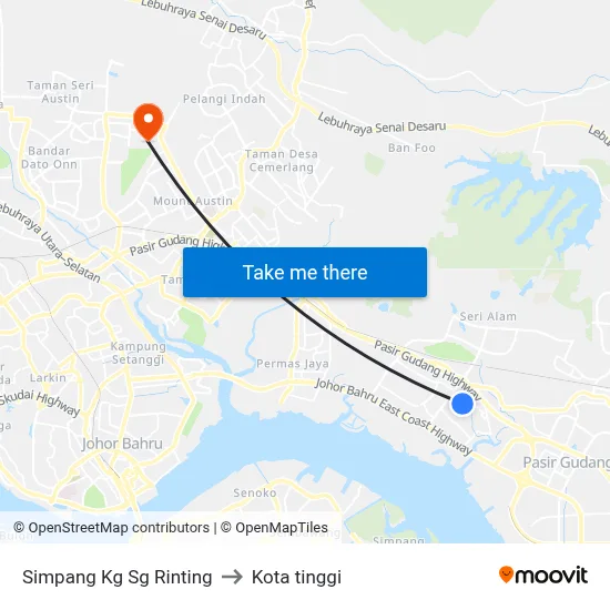Simpang Kg Sg Rinting to Kota tinggi map