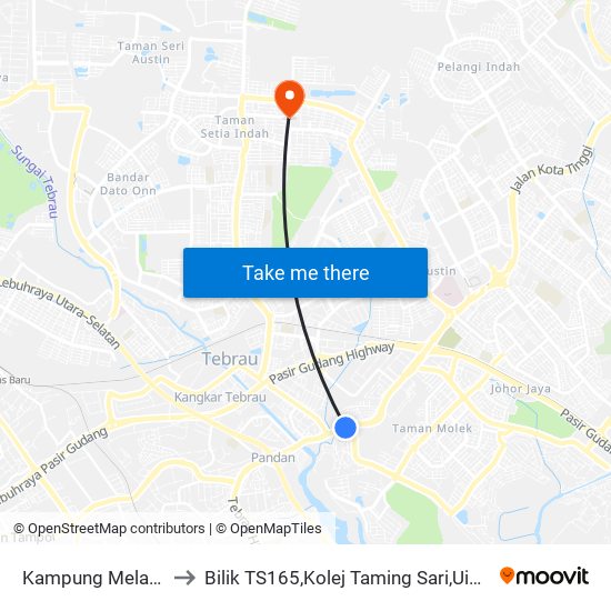 Kampung Melayu Pandan to Bilik TS165,Kolej Taming Sari,UiTM Segamat, Johor map