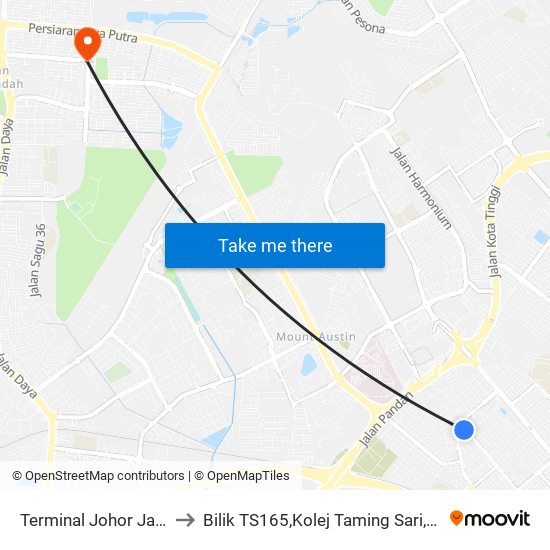 Terminal Johor Jaya (0008182) to Bilik TS165,Kolej Taming Sari,UiTM Segamat, Johor map