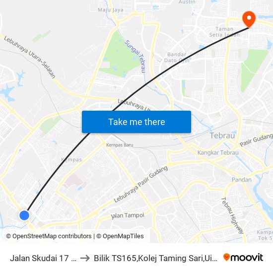 Jalan Skudai 17 (0003207) to Bilik TS165,Kolej Taming Sari,UiTM Segamat, Johor map