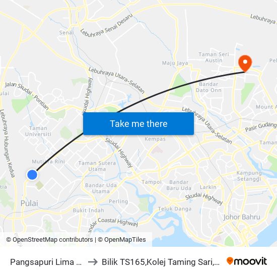 Perumahan Rakyat Lima Kedai to Bilik TS165,Kolej Taming Sari,UiTM Segamat, Johor map