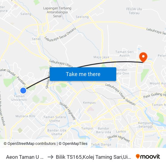 Aeon Taman U (0004197) to Bilik TS165,Kolej Taming Sari,UiTM Segamat, Johor map