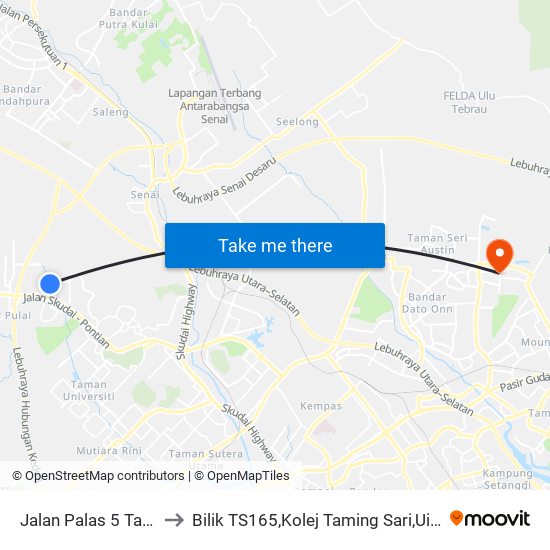 Jalan Palas 5 Taman Teratai to Bilik TS165,Kolej Taming Sari,UiTM Segamat, Johor map