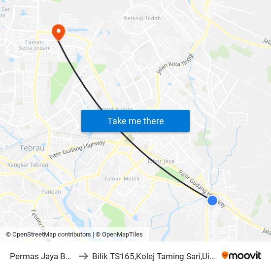 Permas Jaya Bus Terminal to Bilik TS165,Kolej Taming Sari,UiTM Segamat, Johor map