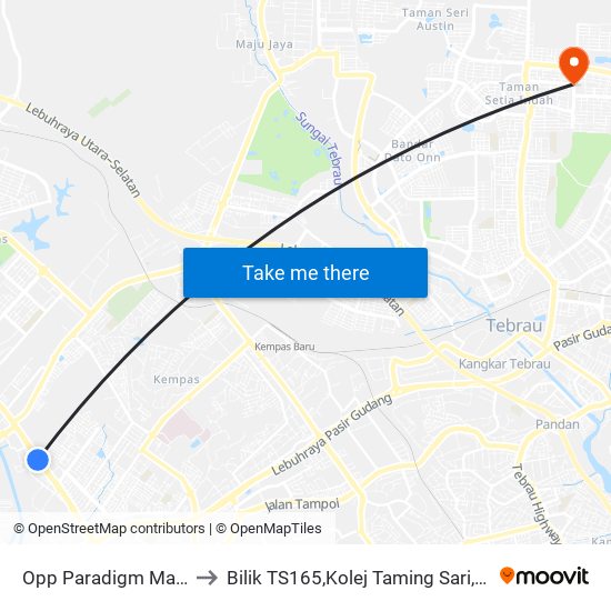 Opp Paradigm Mall Johor Bahru to Bilik TS165,Kolej Taming Sari,UiTM Segamat, Johor map