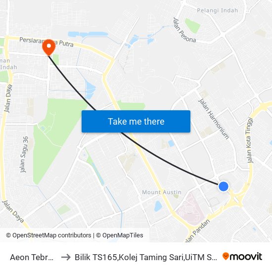 Aeon Tebrau City Persiaran Bdr Desa Tebrau to Bilik TS165,Kolej Taming Sari,UiTM Segamat, Johor map