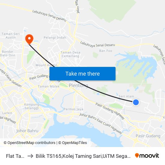 Flat Tasek to Bilik TS165,Kolej Taming Sari,UiTM Segamat, Johor map