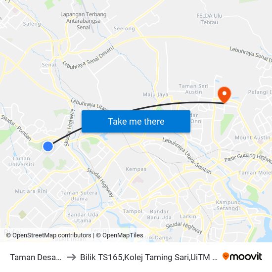 Taman Desa Skudai to Bilik TS165,Kolej Taming Sari,UiTM Segamat, Johor map