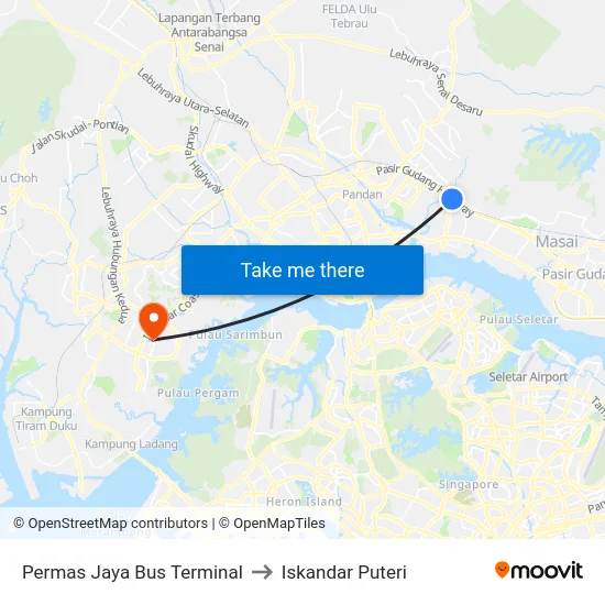 Permas Jaya Bus Terminal to Iskandar Puteri map