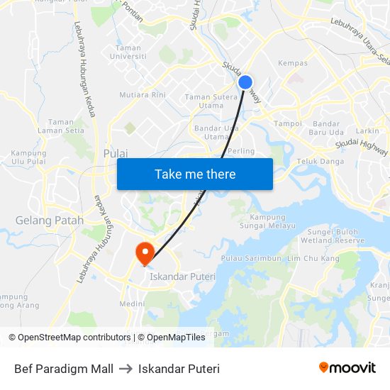 Bef Paradigm Mall to Iskandar Puteri map