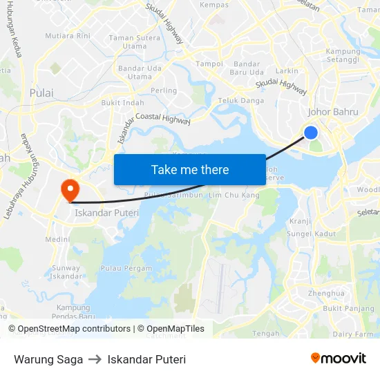 Warung Saga to Iskandar Puteri map