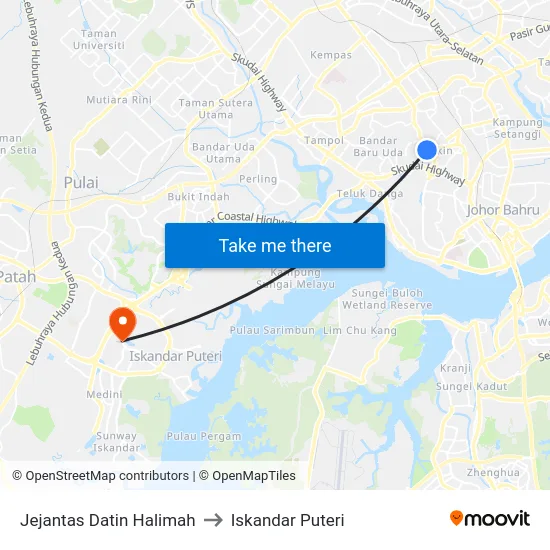 Jejantas Datin Halimah to Iskandar Puteri map