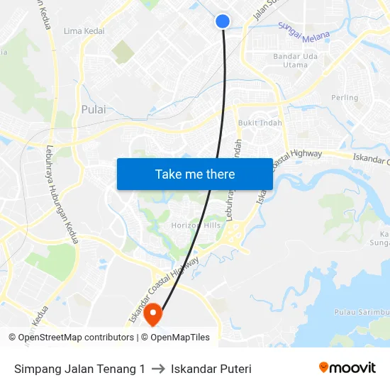 Simpang Jalan Tenang 1 to Iskandar Puteri map