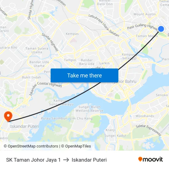 SK Taman Johor Jaya 1 to Iskandar Puteri map