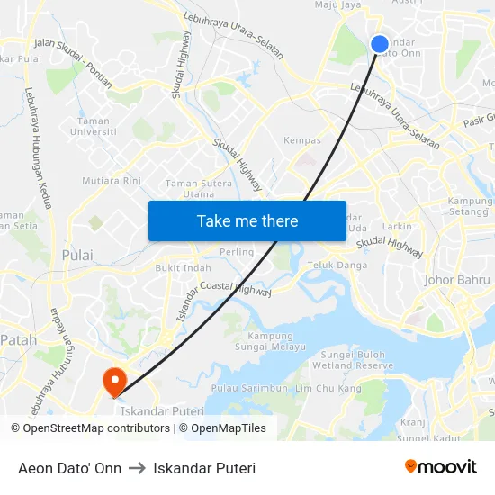 Aeon Dato' Onn to Iskandar Puteri map