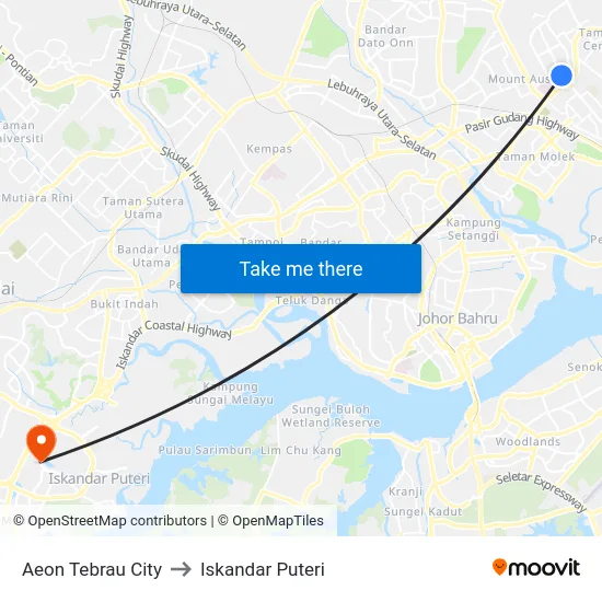 Aeon Tebrau City to Iskandar Puteri map