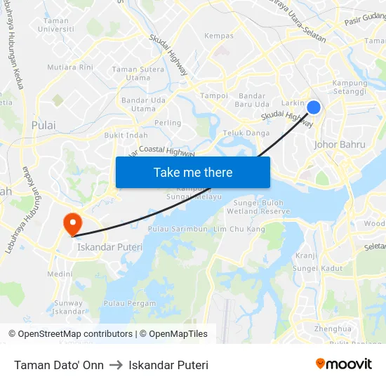 Taman Dato' Onn to Iskandar Puteri map