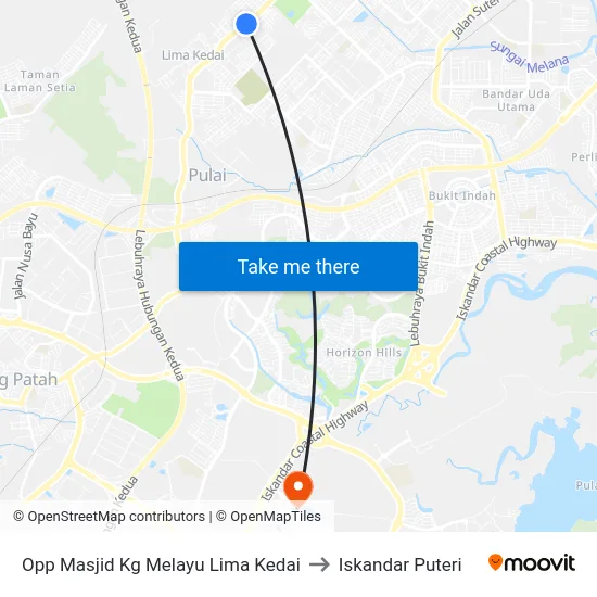 Opp Masjid Kg Melayu Lima Kedai to Iskandar Puteri map