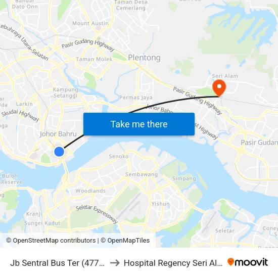 Jb Sentral Bus Ter (47711) to Hospital Regency Seri Alam map