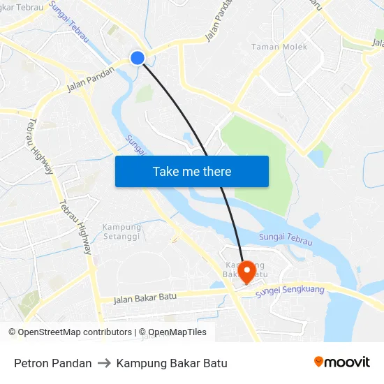 Petron Pandan to Kampung Bakar Batu map