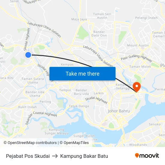 Pejabat Pos Skudai to Kampung Bakar Batu map
