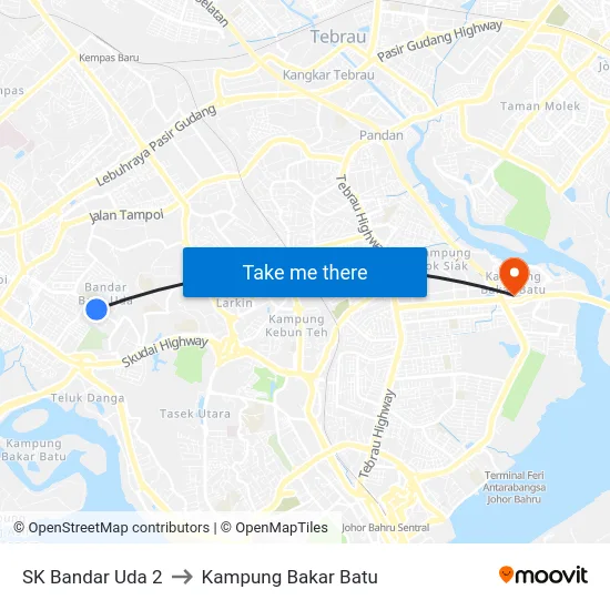 SK Bandar Uda 2 to Kampung Bakar Batu map