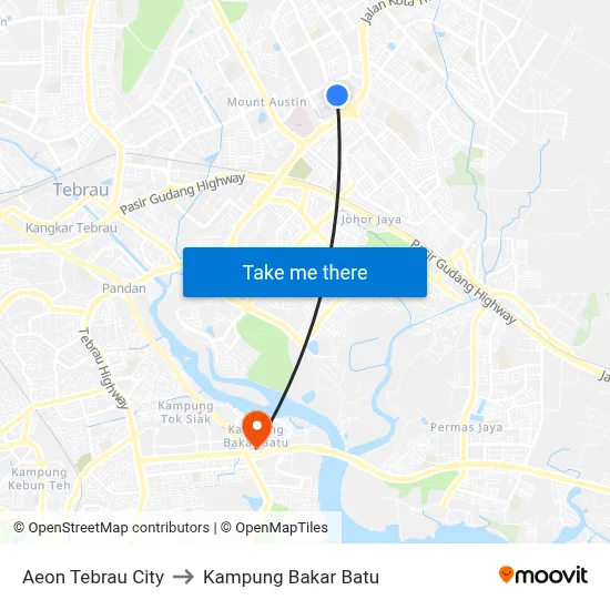 Aeon Tebrau City to Kampung Bakar Batu map
