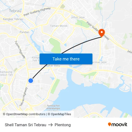 Shell Taman Sri Tebrau to Plentong map