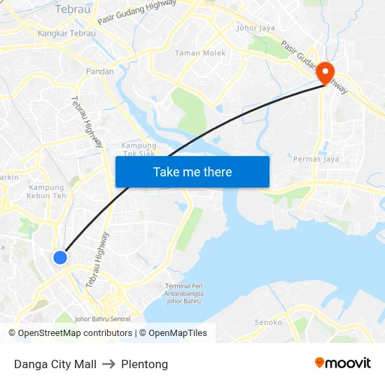Danga City Mall to Plentong map