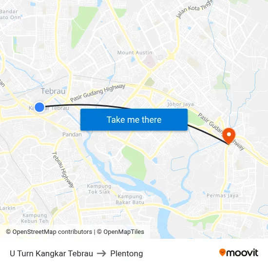 U Turn Kangkar Tebrau to Plentong map
