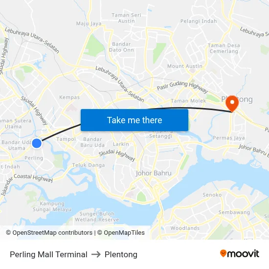 Perling Mall Terminal to Plentong map
