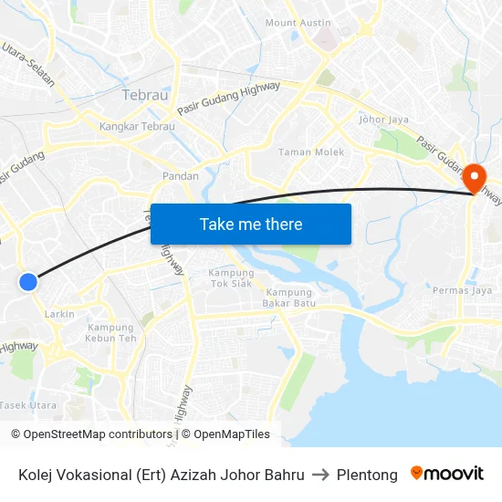 Kolej Vokasional (Ert) Azizah Johor Bahru to Plentong map