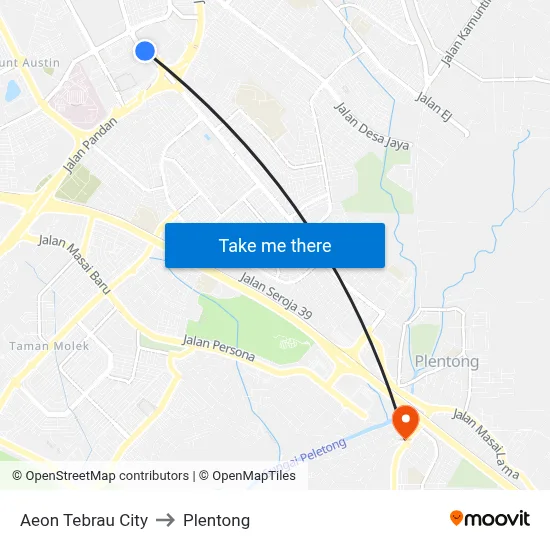 Aeon Tebrau City to Plentong map