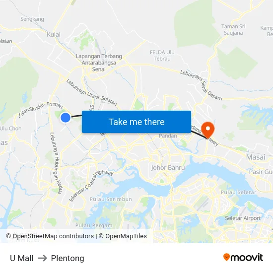 U Mall to Plentong map