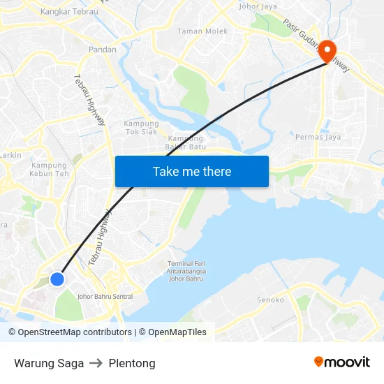 Warung Saga to Plentong map