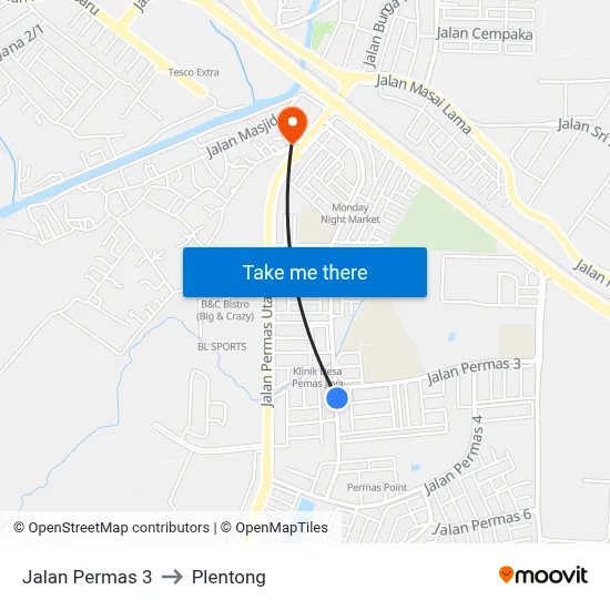 Jalan Permas 3 to Plentong map