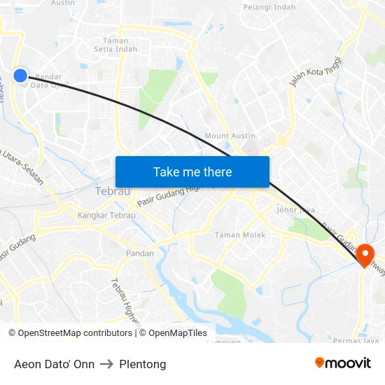 Aeon Dato' Onn to Plentong map