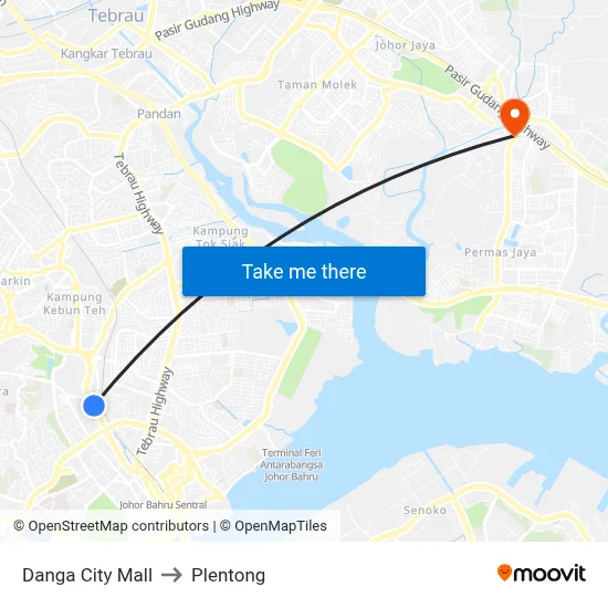 Danga City Mall to Plentong map