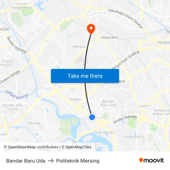 Bandar Baru Uda to Politeknik Mersing map