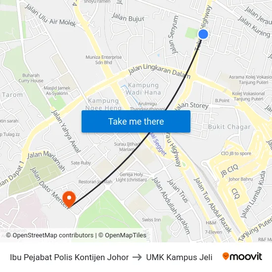 Ibu Pejabat Polis Kontijen Johor to UMK Kampus Jeli map