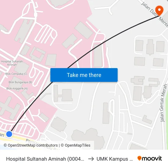 Hospital Sultanah Aminah (0004171) to UMK Kampus Jeli map