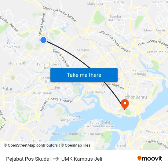 Pejabat Pos Skudai to UMK Kampus Jeli map
