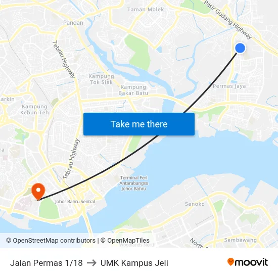 Jalan Permas 1/18 to UMK Kampus Jeli map