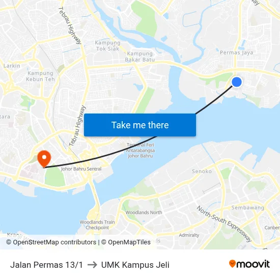 Jalan Permas 13/1 to UMK Kampus Jeli map